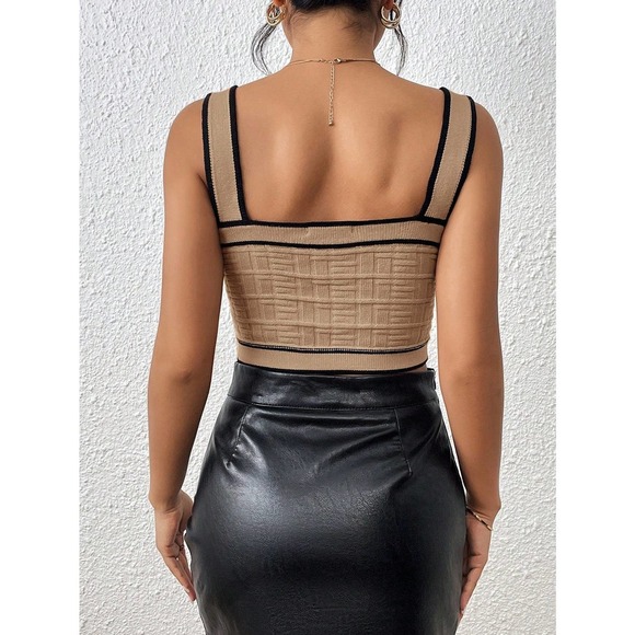 Plazacore preppy Contrast Trim Button Detail Crop Knit Top tan - Picture 11 of 11